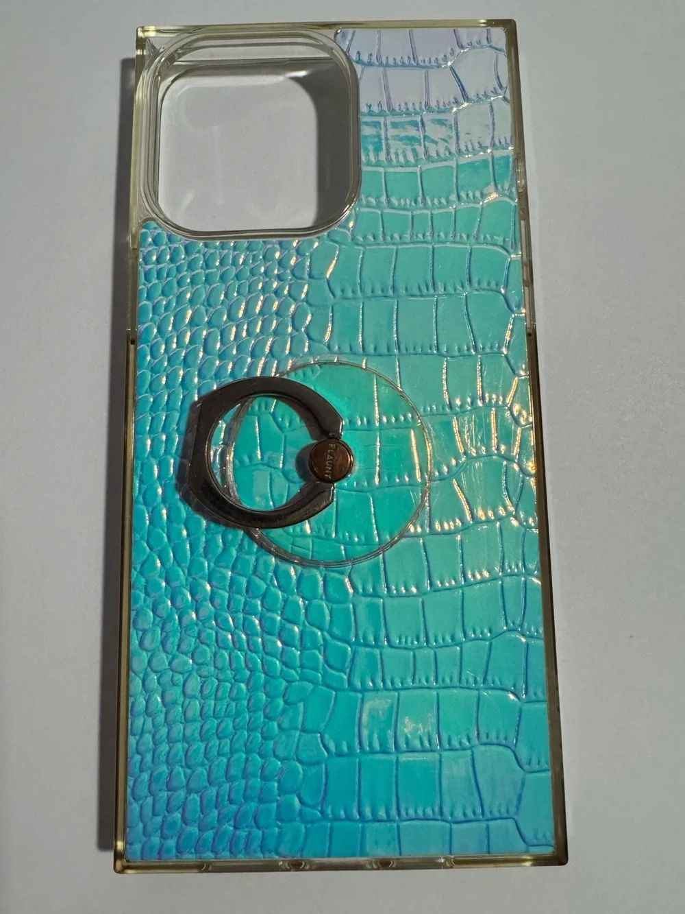 Turquoise Croc-Texture Phone Case with Metal Ring Holder